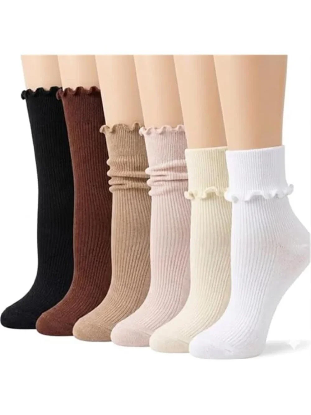 Ruffle Socks for Women 6 Pairs - Cute Frilly Crew Socks, Breathable Cotton